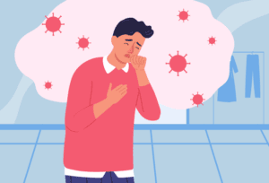 Man with persistent cough, which could indicate an underlying health condition.