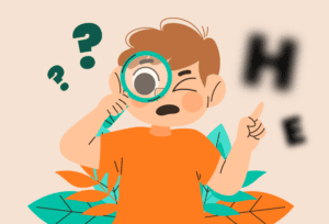 Child with myopia using a magnifier to see clearly.