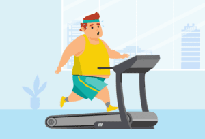 Overweight man exercising on a treadmill to lose weight.