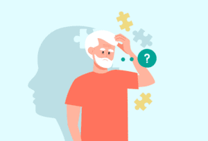 Illustration of an older man experiencing reduced cognitive skills, highlighting early dementia symptoms.