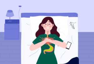 Woman with discomfort from heartburn lying down, highlighting common digestive issues.