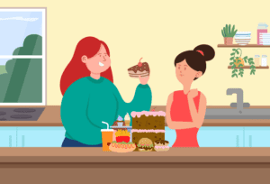 Woman binge eating unhealthy snacks due to an eating disorder.