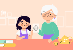Young woman puzzled as elderly relative draws an incorrect clock, indicating possible cognitive decline from dementia.