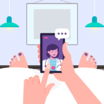 Patient receiving healthcare advice through telemedicine while lying in bed.