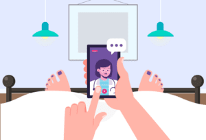 Patient receiving healthcare advice through telemedicine while lying in bed.