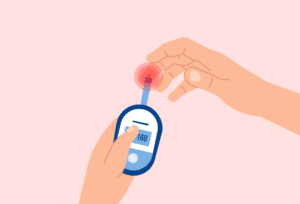 Patient monitoring blood sugar to manage diabetes with a glucometer.