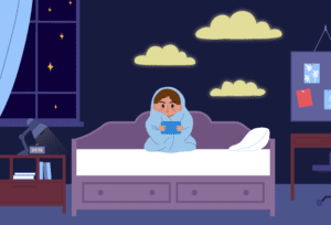 Child using a screen late at night, potentially affecting sleep.