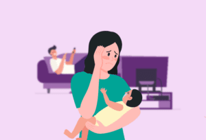 Mother coping with perinatal emotional health challenges, highlighting the importance of support.