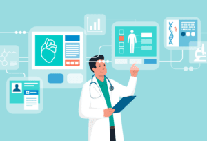 Doctor integrating artificial intelligence with medical equipment for accurate diagnosis.