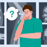 Man exploring various medical scans, including CT, MRI, and X-ray.