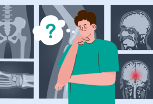 Man exploring various medical scans, including CT, MRI, and X-ray.