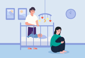 Woman experiencing postpartum depression with supportive husband by her side.