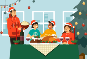 Friends celebrating together at a festive holiday party.