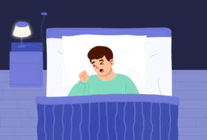 Man struggling to sleep due to persistent coughing.