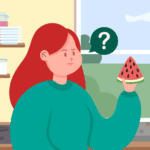 Woman deciding whether to eat watermelon, which is high in sugar and may affect blood sugar levels.