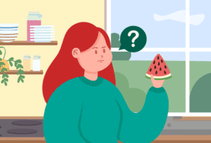 Woman deciding whether to eat watermelon, which is high in sugar and may affect blood sugar levels.
