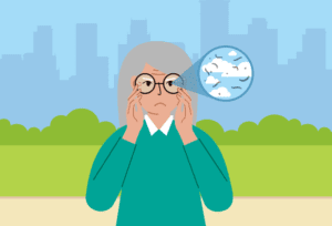 Woman noticing floaters in her vision, which could indicate underlying eye health conditions.