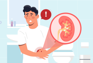 Man experiencing side abdominal pain, which may indicate a kidney stone condition.