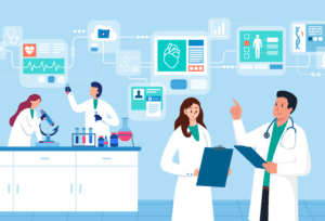 Scientist in a clinical laboratory analyzing data to advance medical research.