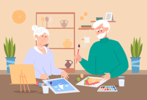An elderly couple painting together to enhance cognitive function and reduce dementia risk.