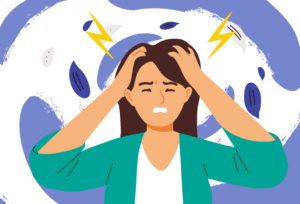 Woman struggling with pain caused by a migraine.