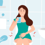 Woman drinking water to relieve constipation, which may not fully address the underlying cause.