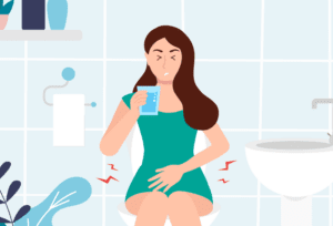Woman drinking water to relieve constipation, which may not fully address the underlying cause.