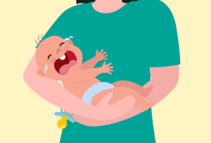 Mother struggling to cope with her baby’s colic and frequent spit-up.