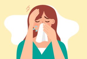 Woman experiencing sinusitis symptoms that may be influenced by dietary factors.