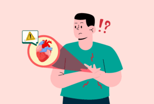 Man experiencing a heart condition that may require treatment such as coronary angioplasty.