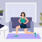 Young woman working out at home using a virtual fitness program.