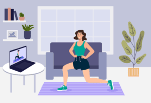 Young woman working out at home using a virtual fitness program.