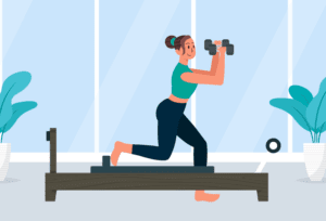 Woman doing reformer Pilates to improve fitness and strength.