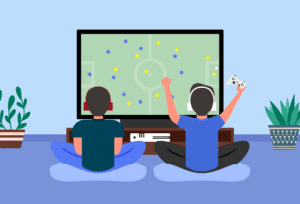 Children playing video games for extended periods, increasing the risk of sedentary-related health issues.