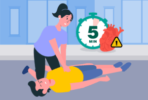 Woman performing CPR on a man lying on the floor during the first five minutes after the incident.