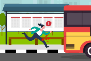 Woman experiencing ACL injury while performing daily activities such as running after a bus.