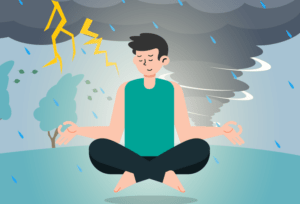 Man practicing calm breathing to manage anxiety in a stressful environment.