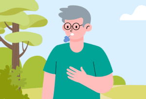 Elderly person experiencing breathlessness during a brisk walk, possibly an early sign of a respiratory condition such as COPD.