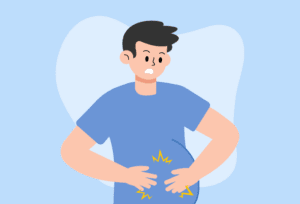 Man experiencing bloating and indigestion, considering a simple yoga pose to ease digestive discomfort.