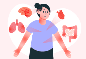 Woman experiencing chronic inflammation that may contribute to other health conditions.