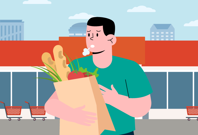 Man struggling with shortness of breath while shopping, a symptom of dyspnoea.