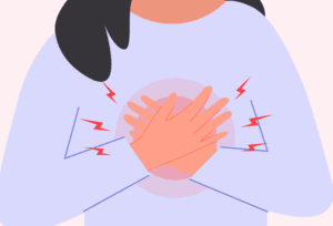 Woman experiencing chest discomfort caused by sternum pain.
