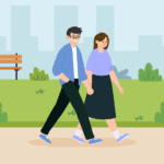 Couple in their 40s taking a brisk walk as a form of exercise.