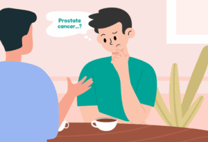 Man feeling uncomfortable discussing prostate cancer during a conversation.