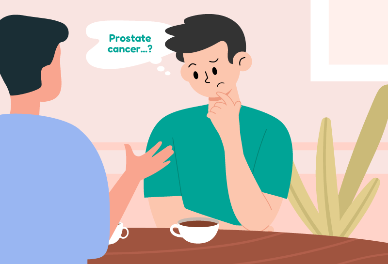 Man feeling uncomfortable discussing prostate cancer during a conversation.
