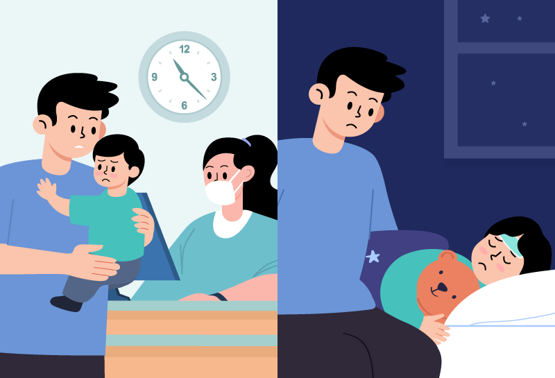 Concerned father deciding whether to take his ill child for medical care.