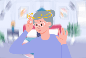 Woman experiencing a spinning sensation, possibly due to vertigo.