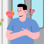 Man experiencing an irregular heartbeat while commuting on a train.