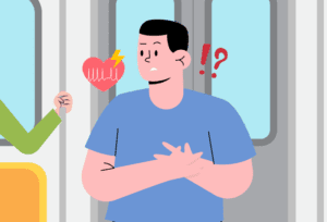 Man experiencing an irregular heartbeat while commuting on a train.