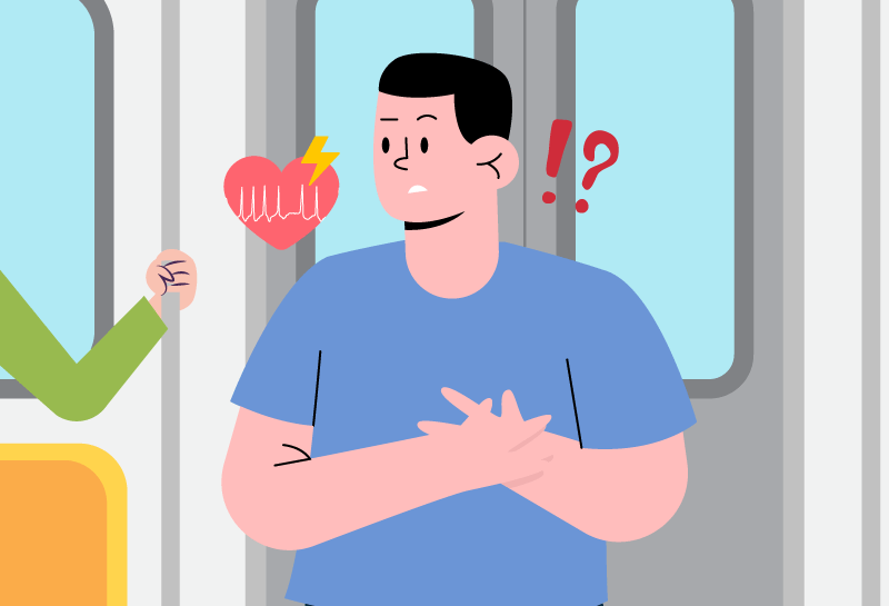 Man experiencing an irregular heartbeat while commuting on a train.